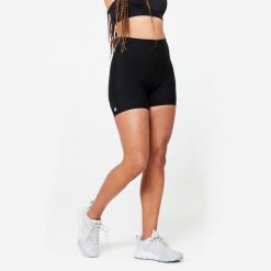 Spodenki fitness cardio damskie Domyos. Czarne spodenki sportowe damskie DOMYOS, bez wzorów, z elastanu, sportowe, z podwyższonym stanem. Za 39.99 zł.