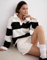 Damska koszulka rugby luźna, długi rękaw Rugby Shirt czarny w paski. Białe bluzki sportowe damskie Aim'n, s, bez wzorów, z bawełny, bez ramiączek. Za 296.00 zł.