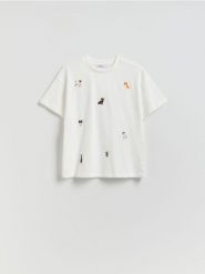 Bawełniany T-shirt z haftem - biały. Białe t-shirty damskie Reserved, l, bez wzorów, z bawełny, bez kołnierzyka. Za 79.99 zł.