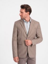 Męska klasyczna marynarka z kieszenią na poszetkę - beżowa V3 OM-BLZB-0115 - XXL. Brązowe marynarki męskie Ombre Clothing, bez wzorów, z poliesteru. Za 309.99 zł.