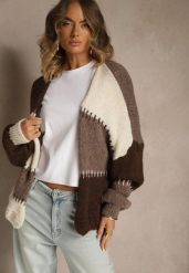 Beżowy Kardigan z Domieszką Wełny i Wiskozy w Patchworkowym Stylu Fesolinne. Brązowe kardigany damskie Renee, s, bez wzorów, z jeansu. Za 149.99 zł.