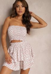 Biało-Różowy 2-Częściowy Komplet Marszczony Top Bandeau Szorty Imitujące Spódnicę z Gumką Qalifea. Białe szorty damskie Renee, bez wzorów, z bawełny. Za 59.99 zł.
