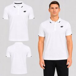 KOSZULKA MĘSKA POLO 4F SPORTOWA BAWEŁNIANA BIAŁA TPTSM0772. Białe koszulki polo męskie 4f, m, bez wzorów, z bawełny, bez ramiączek. Za 99.99 zł.