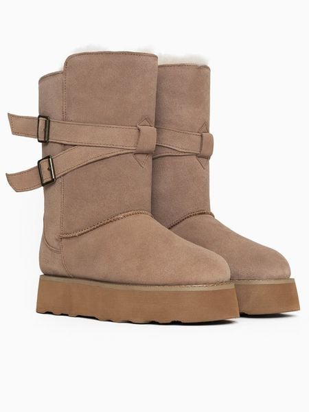 Gooce Skórzane kozaki zimowe "Huntspill Waterproof" w kolorze beżowym rozmiar: 38. Brązowe kozaki damskie Gooce, z materiału, bez obcasa, na platformie. Za 282.99 zł.