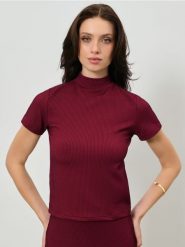 Prążkowana koszulka - brązowy. Brązowe t-shirty damskie Sinsay, l, bez wzorów, prążkowane, bez kołnierzyka. Za 29.99 zł.