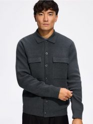 Rozpinany sweter z kołnierzem - ciemnoszary. Szare kardigany męskie Reserved, l, bez wzorów, z dzianiny, bez kołnierzyka. Za 159.99 zł.