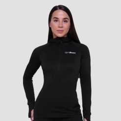 Bluza damska do biegania z kapturem czarna Pulse 1/2 Zip. Czarne kurtki do biegania damskie GYMBEAM, s, bez wzorów, z elastanu, z kapturem. Za 127.90 zł.