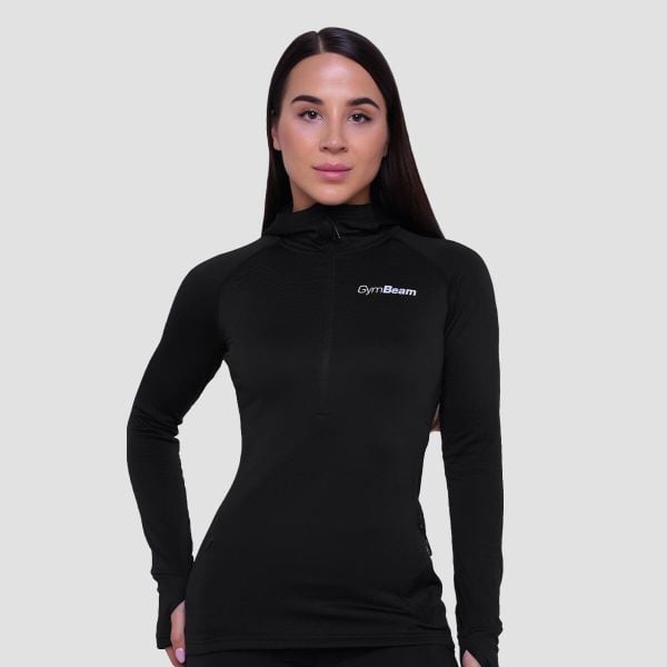 Bluza damska do biegania z kapturem czarna Pulse 1/2 Zip. Czarne bluzy z kapturem damskie GYMBEAM, s, z elastanu. Za 127.90 zł.
