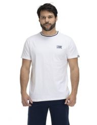 Podstawowy t-shirt męski z okrągłym dekoltem. Niebieskie t-shirty męskie LEONE 1947 APPAREL, l, z aplikacjami, z bawełny, bez kołnierzyka. Za 42.06 zł.