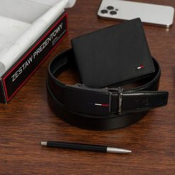 Zestaw prezentowy męski skórzany pasek portfel pudełko premium Beltimore Z49. Czarne paski męskie bez wzorów. Za 100.99 zł.