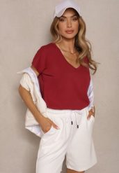Bordowy T-shirt z Bawełny z Dekoltem w Serek Linithiela. Czerwone t-shirty damskie Renee, l, bez wzorów, z bawełny, bez kołnierzyka. Za 44.99 zł.