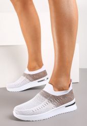 Biało-Beżowe Buty Sportowe z Nadrukiem Obmre i Skarpetkową Cholewką Erinevia. Białe buty sportowe na co dzień damskie Renee, bez wzorów, na fitness i siłownię. Za 39.99 zł.