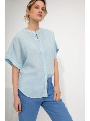 Josephine & Co Lniana bluzka "Geke" w kolorze błękitnym rozmiar: 42. Niebieskie bluzki damskie Josephine & Co, bez wzorów, ze lnu, bez kołnierzyka, bez ramiączek. Za 195.99 zł.