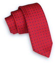 Krwisty Czerwony Klasyczny Męski Krawat -ALTIES- 6cm, w Granatowe Kropki, Groszki. Czerwone krawaty i muchy męskie Alties, bez wzorów, z tkaniny, eleganckie. Za 49.00 zł.