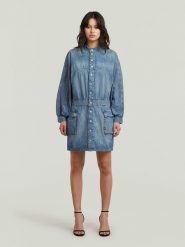 G-Star Sukienka dżinsowa w kolorze niebieskim rozmiar: XL. Niebieskie sukienki damskie G-Star, xl, bez wzorów, retro, bez kołnierzyka, bez ramiączek, mini, bombki. Za 274.75 zł.