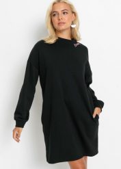 Sukienka dresowa oversized. Czarne sukienki damskie bonprix, bez wzorów, z dresówki, bez kołnierzyka, bez ramiączek, mini. Za 97.99 zł.