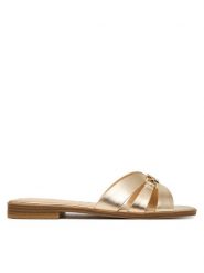 Guess Klapki FLJREA LEM19 Złoty. Żółte klapki damskie Guess, z aplikacjami, ze skóry, bez obcasa. Za 499.99 zł.