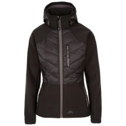 Kurtka Damska Elvira Soft Shell. Czarne kurtki damskie Trespass, m, bez wzorów, z elastanu, z kapturem. Za 219.99 zł.