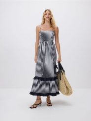 Sukienka maxi w paski - granatowy. Niebieskie sukienki damskie Reserved, l, bez wzorów, z bawełny, bez kołnierzyka, bez ramiączek, maxi, rozkloszowane. Za 239.99 zł.