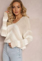 Beżowy Dzianinowy Sweter w Paski Hlenora. Brązowe swetry klasyczne damskie Renee, z dzianiny, bez kołnierzyka. Za 69.99 zł.