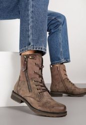 Brązowe Botki w Stylu Vintage ze Sznurowaniem Vemlora. Brązowe botki damskie Renee, z jeansu, rockowe, bez obcasa, na płaskiej podeszwie, bez zapięcia. Za 119.99 zł.