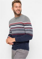 Sweter w norweski wzór, z bawełną. Szare swetry męskie bonprix, l, bez wzorów, z bawełny, bez kołnierzyka. Za 127.99 zł.