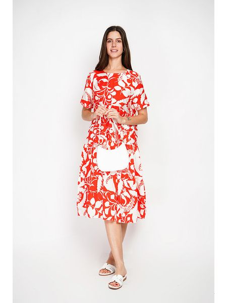 ASSUILI Sukienka w kolorze biało-czerwonym rozmiar: 34. Białe sukienki damskie Assuili, bez wzorów, klasyczne, bez kołnierzyka, bez ramiączek, midi, rozkloszowane. Za 92.42 zł.