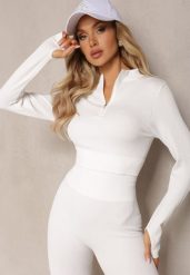 Biała Elastyczna Bluzka na Suwak z Wycięciem przy Ściągaczu Denalla. Białe bluzki damskie Renee, bez wzorów, bez kołnierzyka, bez ramiączek. Za 34.99 zł.