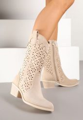 Ciemnobeżowe Botki Kowbojki na Słupku z Ażurową Cholewką Ravsemi. Brązowe botki damskie Renee, z jeansu, bez obcasa, na obcasie, bez zapięcia. Za 129.99 zł.