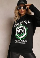Czarna Bluza z Polarem i Nadrukiem Thalindra. Czarne bluzy z kapturem damskie Renee, xl, z dzianiny. Za 39.99 zł.