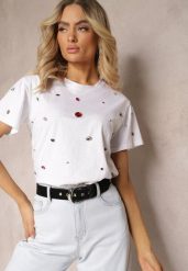 Biały T-shirt z Cyrkoniami w Różnych Kolorach Varcia. Białe t-shirty damskie Renee, m, bez wzorów, z jeansu, bez kołnierzyka. Za 39.99 zł.