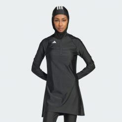 Top 3-Stripes Swim Long Sleeve. Czarne topy sportowe damskie Adidas, s, bez wzorów, z elastanu, bez ramiączek. Za 323.05 zł.