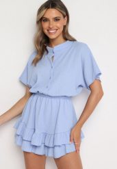 Niebieski Taliowany Kombinezon z Gumką w Pasie Timata. Niebieskie kombinezony damskie Born2be, l, bez wzorów, eleganckie, bez kołnierzyka, bez ramiączek. Za 139.99 zł.