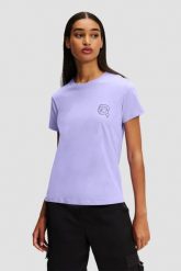 KARL LAGERFELD Lawendowy damski t-shirt Ikonik 2.0 Jelly. Fioletowe t-shirty damskie Karl Lagerfeld, s, bez wzorów, z bawełny, bez kołnierzyka. W wyprzedaży za 249.99 zł.