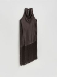 Sukienka z frędzlami - ciemnobrązowy. Brązowe sukienki damskie Reserved, na co dzień, l, bez wzorów, z tkaniny, bez kołnierzyka, bez ramiączek, proste. Za 179.99 zł.