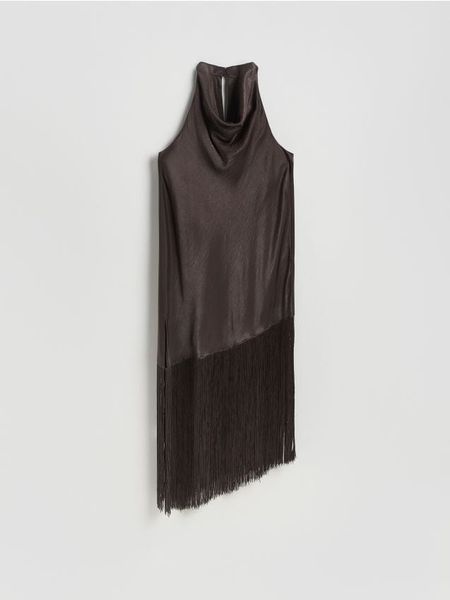 Sukienka z frędzlami - ciemnobrązowy. Brązowe sukienki damskie Reserved, na co dzień, l, bez wzorów, z tkaniny, bez kołnierzyka, bez ramiączek, proste. Za 199.99 zł.