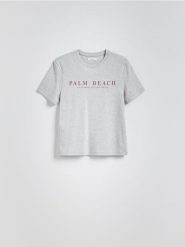 T-shirt z nadrukiem - jasnoszary. Szare t-shirty damskie Reserved, l, bez wzorów, z bawełny, bez kołnierzyka. Za 39.99 zł.