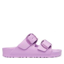 Klapki Birkenstock. Fioletowe klapki damskie Birkenstock, bez wzorów, bez obcasa. Za 279.99 zł.