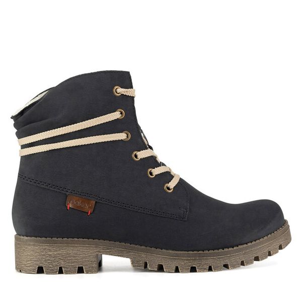 Trzewiki Rieker. Niebieskie botki damskie Rieker, bez obcasa, na płaskiej podeszwie, bez zapięcia. Za 265.99 zł.