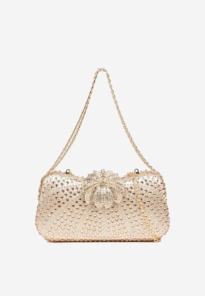 Złota Torebka Kopertówka z Łańcuszkiem Zdobiona Cyrkoniami i Kwiatową Aplikacją Fessaluna. Żółte torebki wieczorowe Renee, z aplikacjami, eleganckie, bez kołnierzyka, bez ramiączek. Za 89.99 zł.