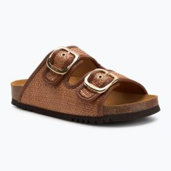 Klapki damskie Scholl Noelle Raffia. Brązowe klapki damskie Scholl, bez wzorów, z materiału, bez obcasa. Za 269.99 zł.