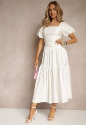 Biała Sukienka Wiskozowa Drapowana z Rozkloszowanym Dołem Naprine. Białe sukienki damskie Renee, na co dzień, l, bez wzorów, z wiskozy, eleganckie, bez kołnierzyka, bez ramiączek, midi, rozkloszowane. W wyprzedaży za 118.99 zł.