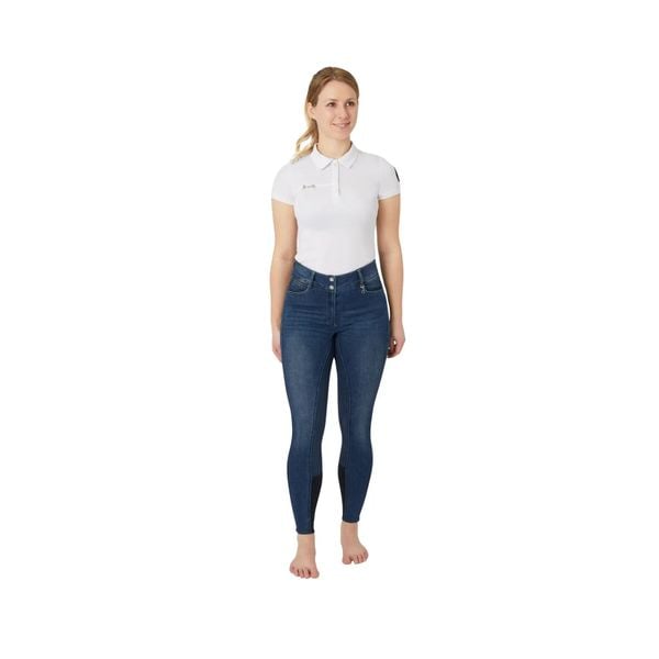 Damskie spodnie jeździeckie w jeans pełnym chwycie i z wysoką talią Horze Kaia. Niebieskie spodnie materiałowe damskie HORZE, bez wzorów, z bawełny, z podwyższonym stanem. Za 368.50 zł.