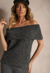 Ciemnoszary Sweter Top z Hiszpańskim Wywijanym Dekoltem z Wełną Inarose. Szare swetry klasyczne damskie Renee, m, z wełny, bez kołnierzyka. Za 99.99 zł.