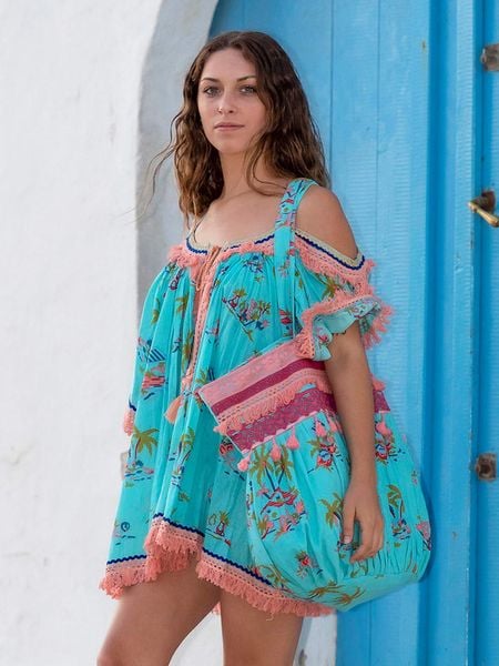 Isla Bonita by SIGRIS Bluzka w kolorze turkusowym ze wzorem rozmiar: XL. Niebieskie bluzki damskie Isla Bonita by SIGRIS, xl, bez wzorów, z bawełny, bez kołnierzyka, bez ramiączek. Za 91.56 zł.