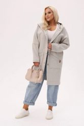 Dzianinowy płaszcz z kapturem Noor zapinany na guziki z kokosa PLUS SIZE XXL OVERSIZE. Szare płaszcze damskie Moda Size Plus Iwanek, na jesień, plus size, bez wzorów, z dzianiny, eleganckie, plus size. Za 329.90 zł.