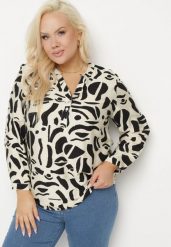 Jasnobeżowa Koszula z Wiskozą Zdobiona Geometrycznym Wzorem Melivis. Brązowe koszule damskie Born2be, plus size, z aplikacjami, z jeansu, eleganckie, bez kołnierzyka, plus size, bez ramiączek. Za 69.99 zł.