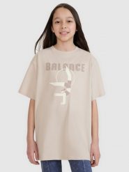 4F T-shirt oversize z nadrukiem dziewczęcy - beżowy 158 (12-13 lat). Brązowe koszulki dziewczęce 4f, bez wzorów, z bawełny, bez ramiączek. W wyprzedaży za 19.99 zł.