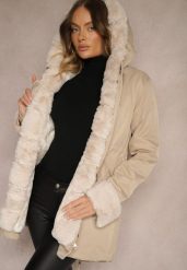 Ciemnobeżowa Kurtka Parka z Futerkiem Teyo. Brązowe kurtki damskie Renee, xl, bez wzorów, z futra. Za 99.99 zł.