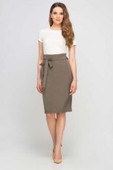 Khaki Spódnica Ołówkowa przed Kolano z Szarfą. Brązowe spódniczki damskie Lanti, l, bez wzorów, z elastanu, ołówkowe. Za 185.90 zł.